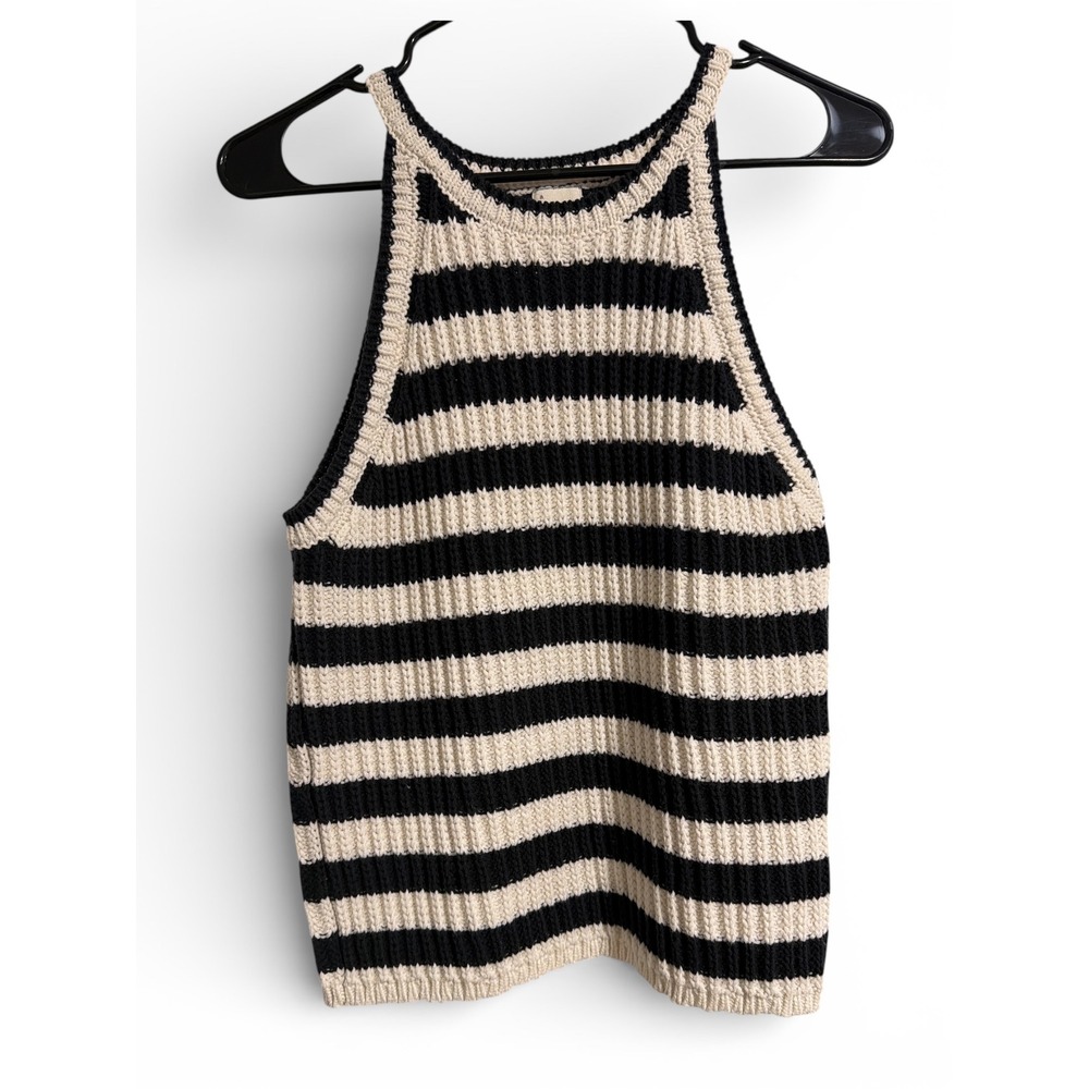 A New Day Womens Medium Striped Halter Knit Tank Top‎ Black Cream Ribbed - Picture 2 of 4
